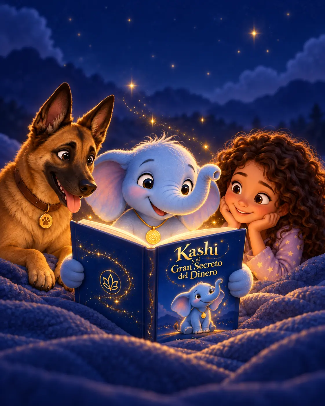 Kashi leyendo su libro junto a una niña y un perro bajo un cielo estrellado