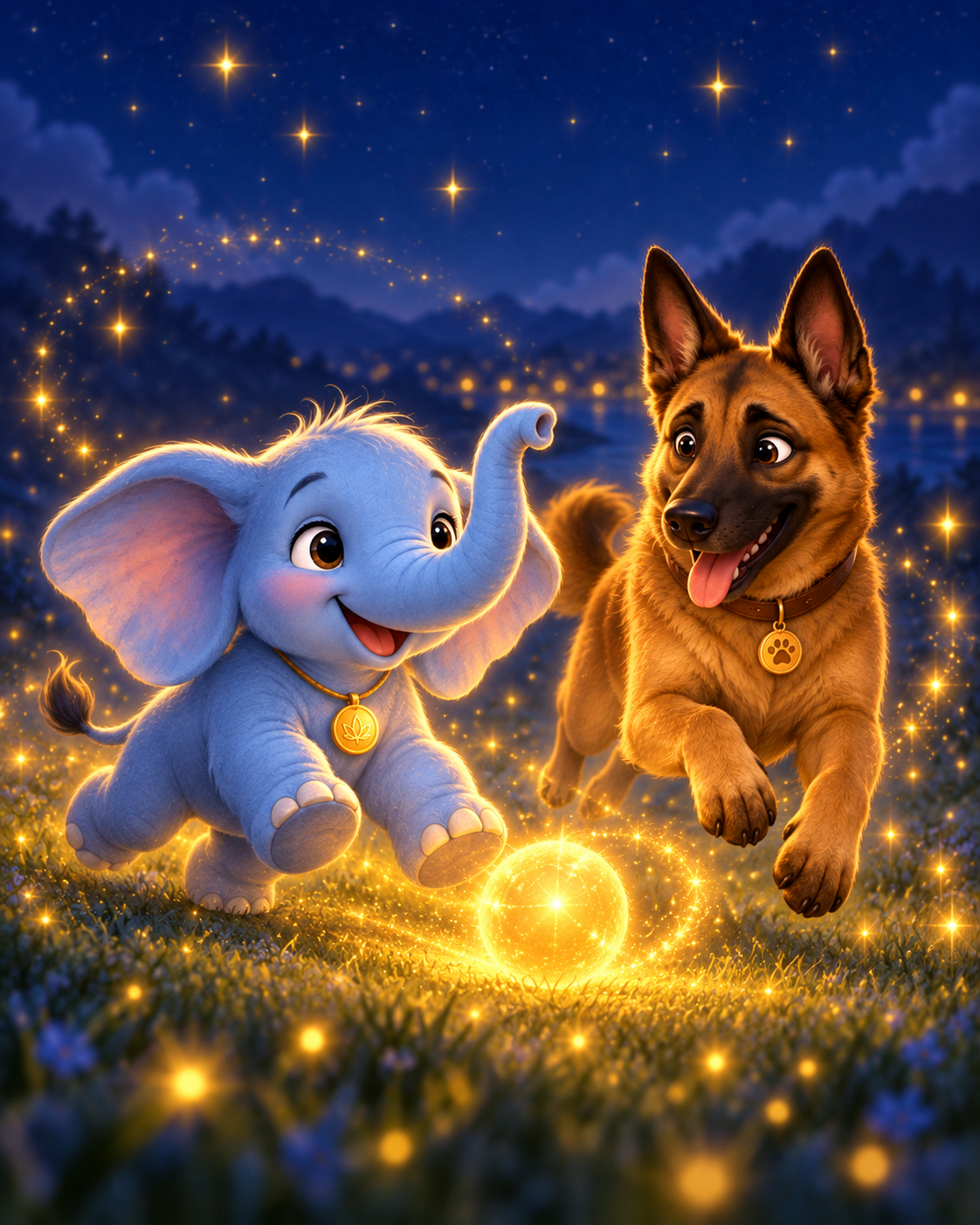 Kashi y su perro persiguiendo una esfera de luz en un prado estrellado